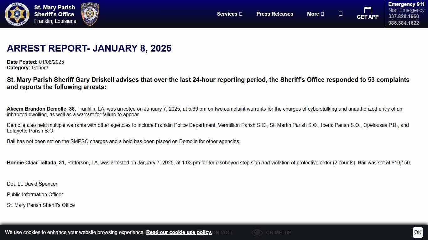 Arrest Report- January 8, 2025 | St. Mary Parish Sheriff's Office, Louisiana